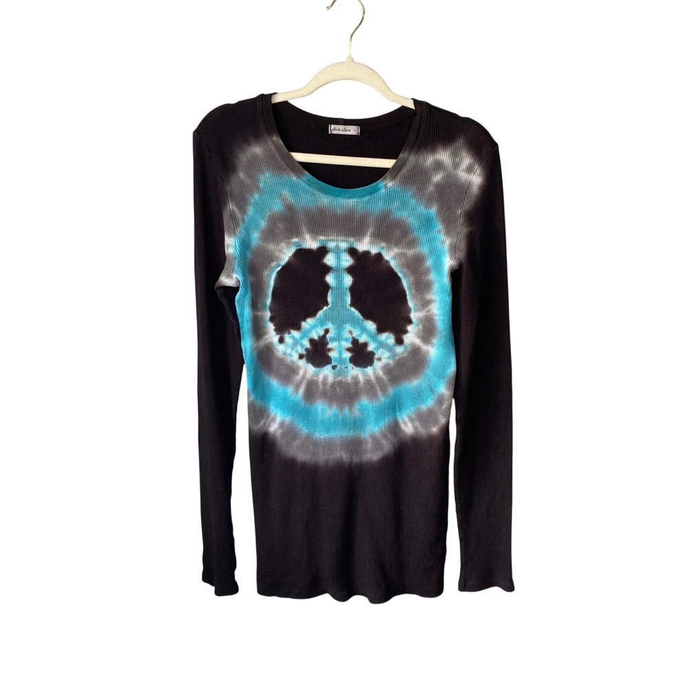 Allen Allen Womens Peace Sign Tie Dye Thermal Waffle Knit Top Black Blue Medium